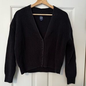 Gap Women's Black Ribbed V-Neck Button Cardigan- 100% Cotton Knit- Size Medium